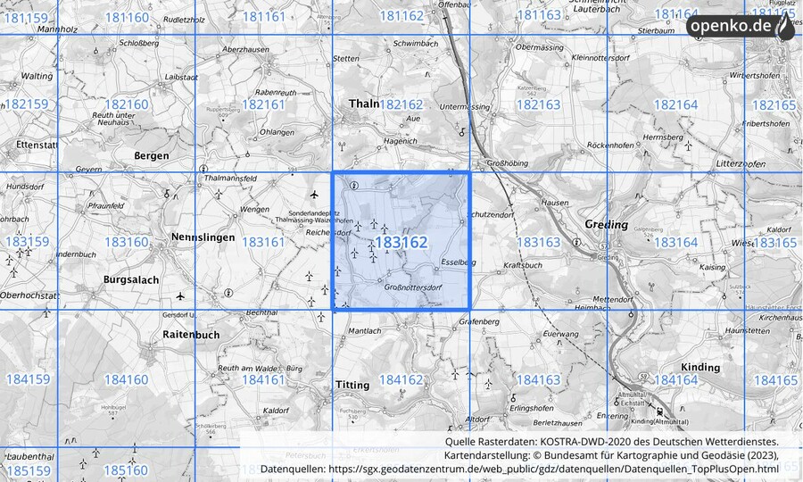 Übersichtskarte des KOSTRA-DWD-2020-Rasterfeldes Nr. 183162