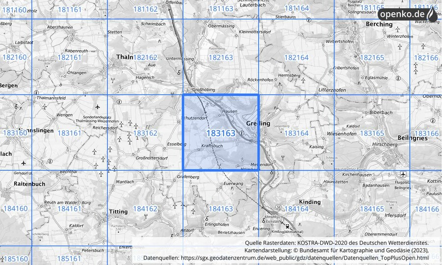 Übersichtskarte des KOSTRA-DWD-2020-Rasterfeldes Nr. 183163