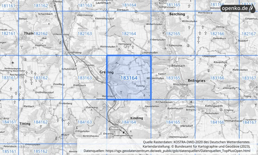 Übersichtskarte des KOSTRA-DWD-2020-Rasterfeldes Nr. 183164