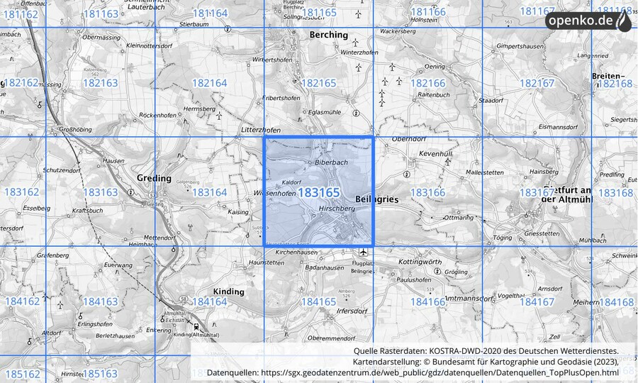 Übersichtskarte des KOSTRA-DWD-2020-Rasterfeldes Nr. 183165