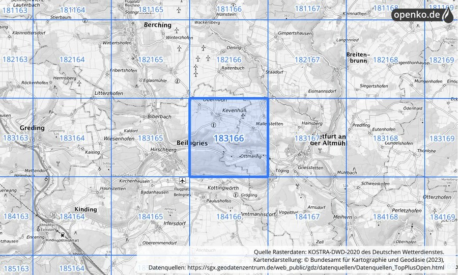 Übersichtskarte des KOSTRA-DWD-2020-Rasterfeldes Nr. 183166