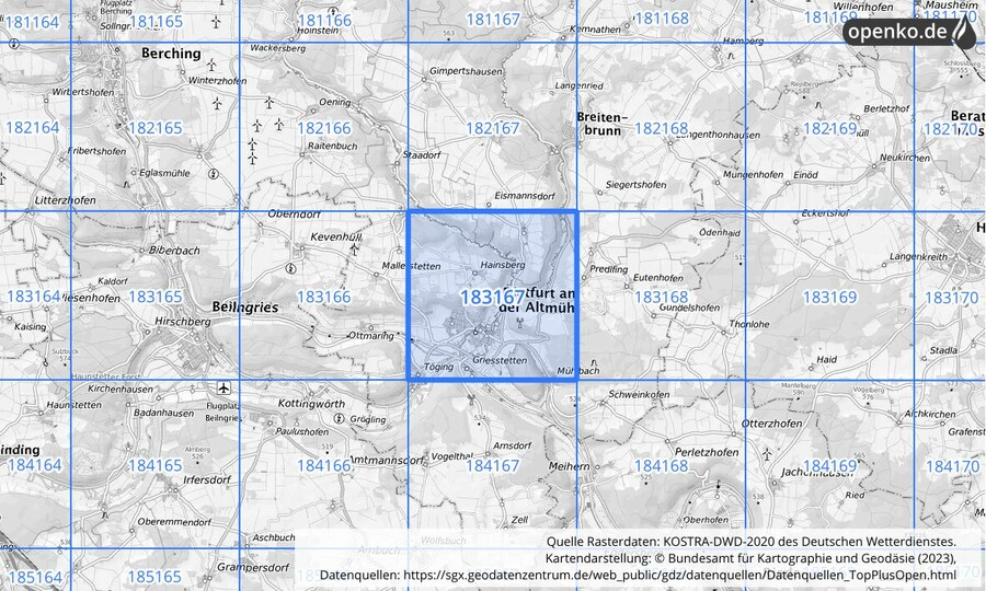 Übersichtskarte des KOSTRA-DWD-2020-Rasterfeldes Nr. 183167