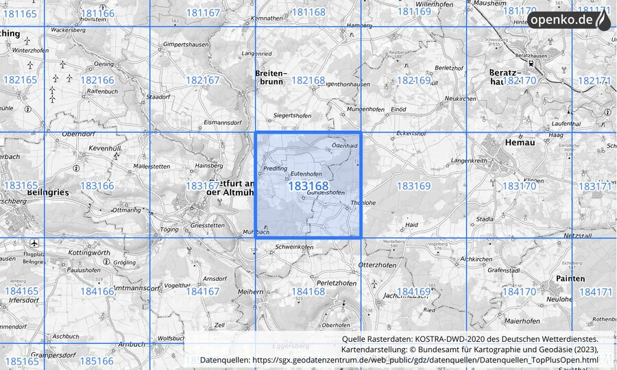 Übersichtskarte des KOSTRA-DWD-2020-Rasterfeldes Nr. 183168