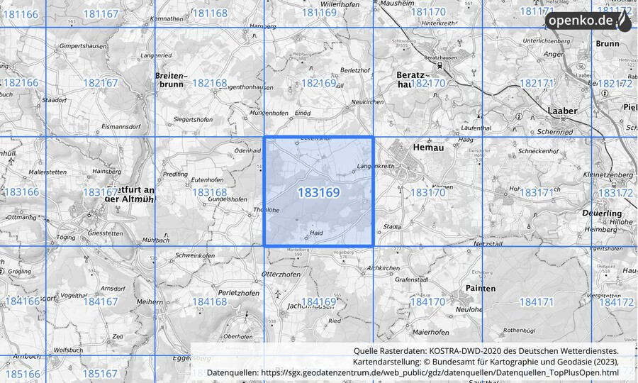 Übersichtskarte des KOSTRA-DWD-2020-Rasterfeldes Nr. 183169