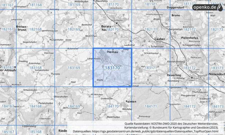 Übersichtskarte des KOSTRA-DWD-2020-Rasterfeldes Nr. 183170