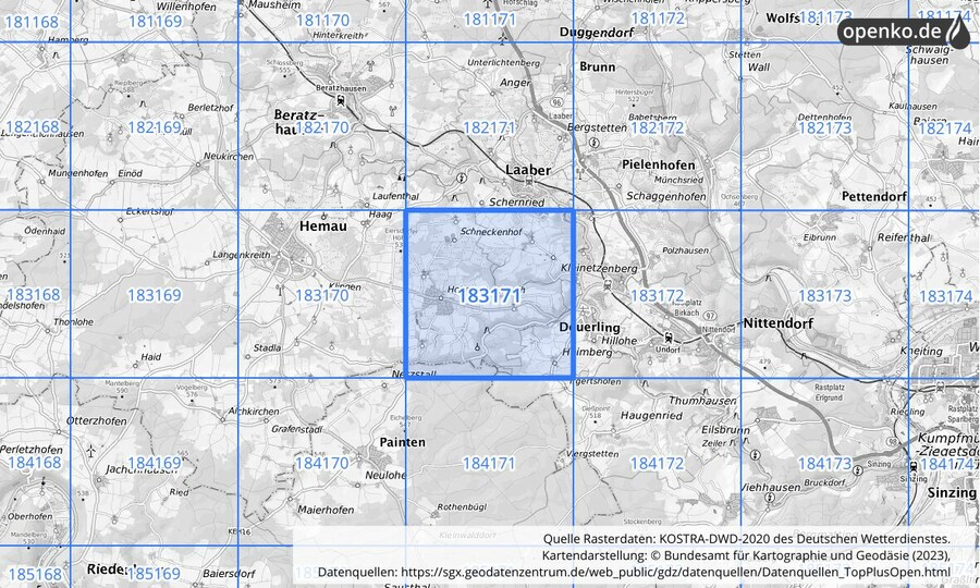 Übersichtskarte des KOSTRA-DWD-2020-Rasterfeldes Nr. 183171