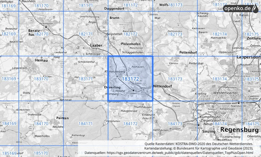 Übersichtskarte des KOSTRA-DWD-2020-Rasterfeldes Nr. 183172