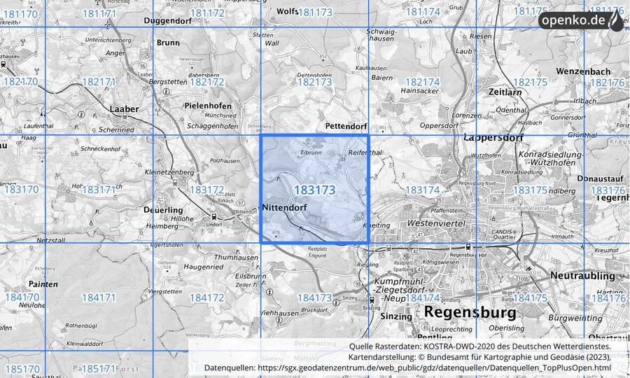 Übersichtskarte des KOSTRA-DWD-2020-Rasterfeldes Nr. 183173