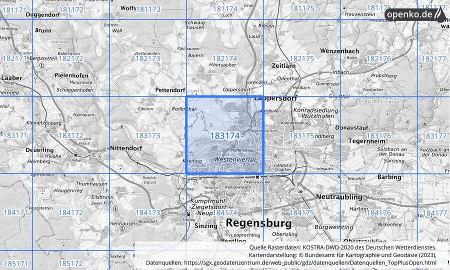 Übersichtskarte des KOSTRA-DWD-2020-Rasterfeldes Nr. 183174