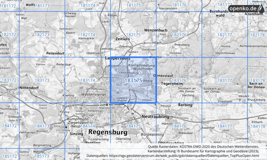 Übersichtskarte des KOSTRA-DWD-2020-Rasterfeldes Nr. 183175