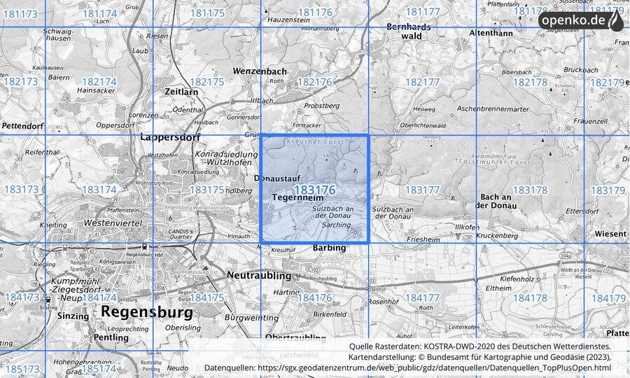 Übersichtskarte des KOSTRA-DWD-2020-Rasterfeldes Nr. 183176