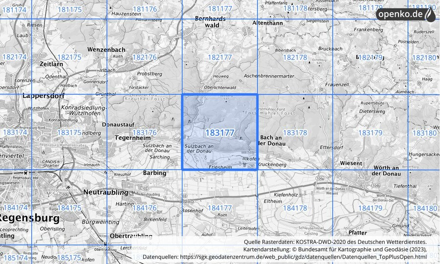 Übersichtskarte des KOSTRA-DWD-2020-Rasterfeldes Nr. 183177