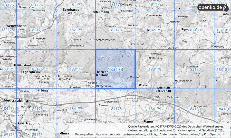 Übersichtskarte des KOSTRA-DWD-2020-Rasterfeldes Nr. 183178