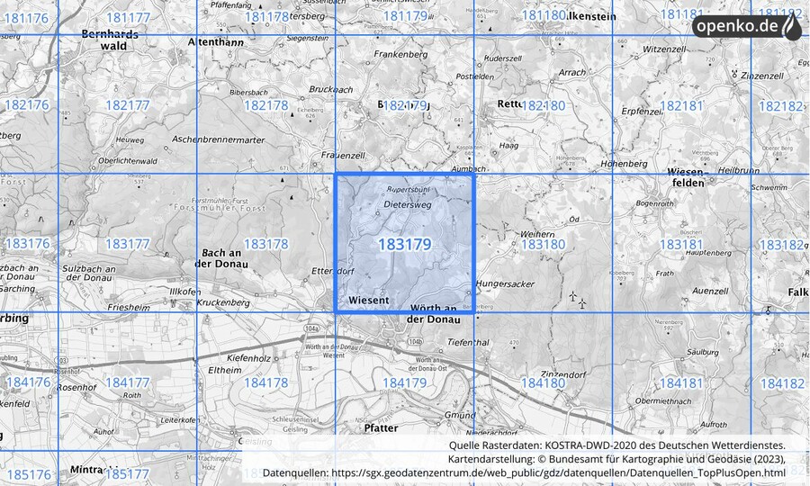 Übersichtskarte des KOSTRA-DWD-2020-Rasterfeldes Nr. 183179