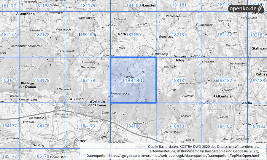 Übersichtskarte des KOSTRA-DWD-2020-Rasterfeldes Nr. 183180