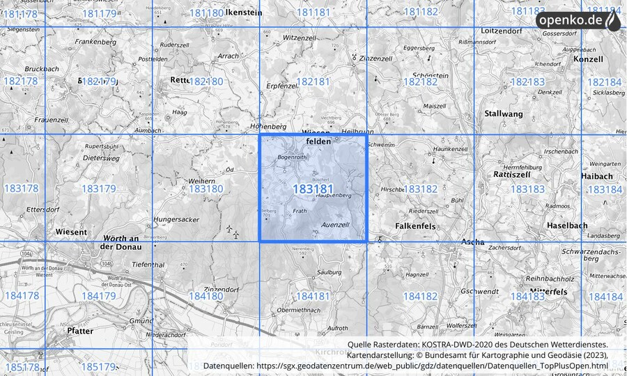 Übersichtskarte des KOSTRA-DWD-2020-Rasterfeldes Nr. 183181