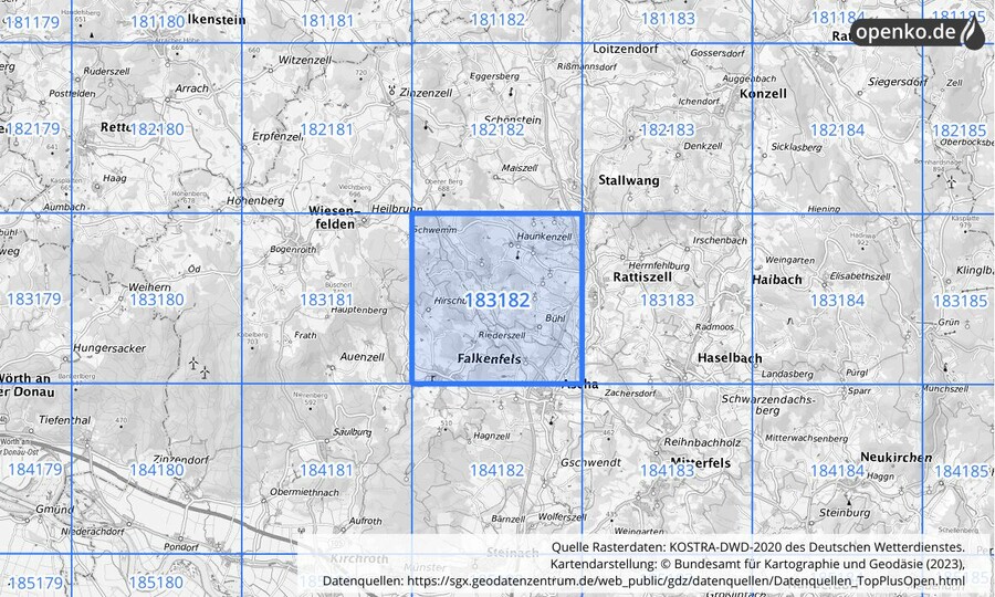 Übersichtskarte des KOSTRA-DWD-2020-Rasterfeldes Nr. 183182