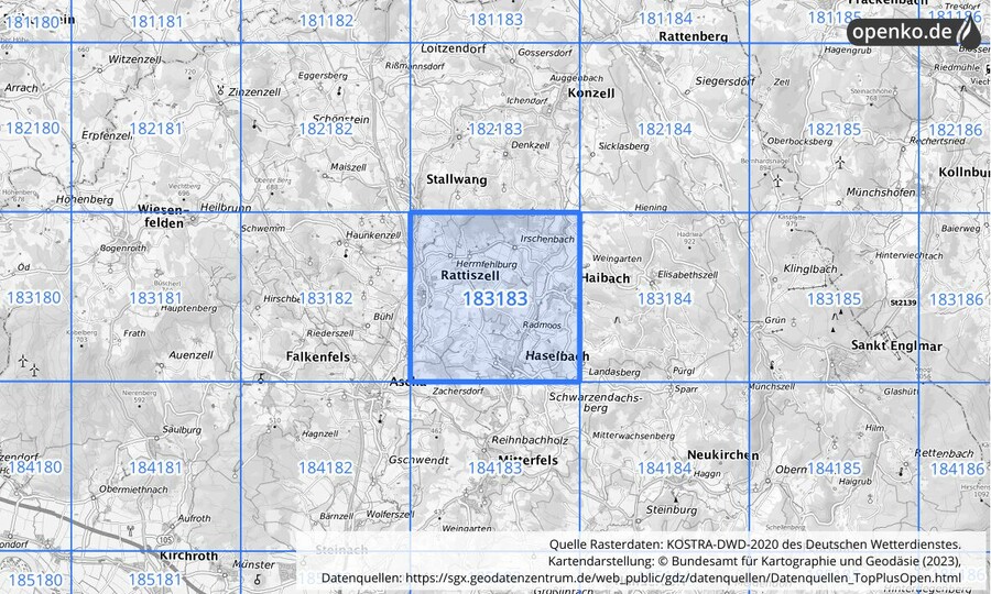 Übersichtskarte des KOSTRA-DWD-2020-Rasterfeldes Nr. 183183