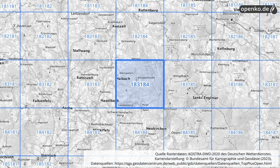 Übersichtskarte des KOSTRA-DWD-2020-Rasterfeldes Nr. 183184