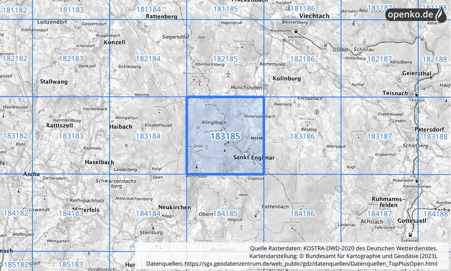 Übersichtskarte des KOSTRA-DWD-2020-Rasterfeldes Nr. 183185