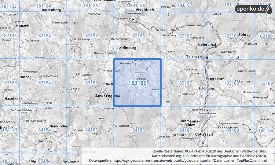 Übersichtskarte des KOSTRA-DWD-2020-Rasterfeldes Nr. 183186