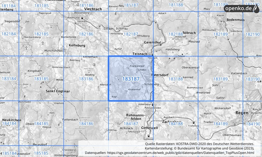 Übersichtskarte des KOSTRA-DWD-2020-Rasterfeldes Nr. 183187