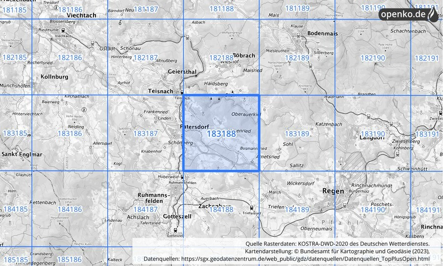 Übersichtskarte des KOSTRA-DWD-2020-Rasterfeldes Nr. 183188