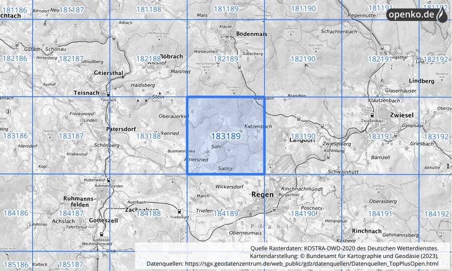 Übersichtskarte des KOSTRA-DWD-2020-Rasterfeldes Nr. 183189