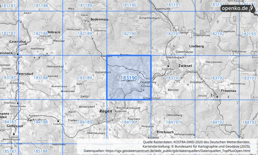 Übersichtskarte des KOSTRA-DWD-2020-Rasterfeldes Nr. 183190