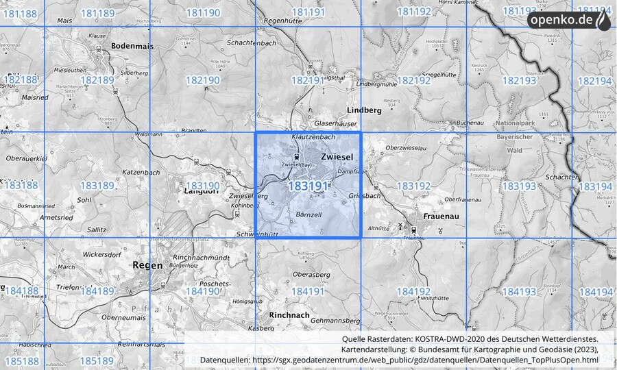 Übersichtskarte des KOSTRA-DWD-2020-Rasterfeldes Nr. 183191