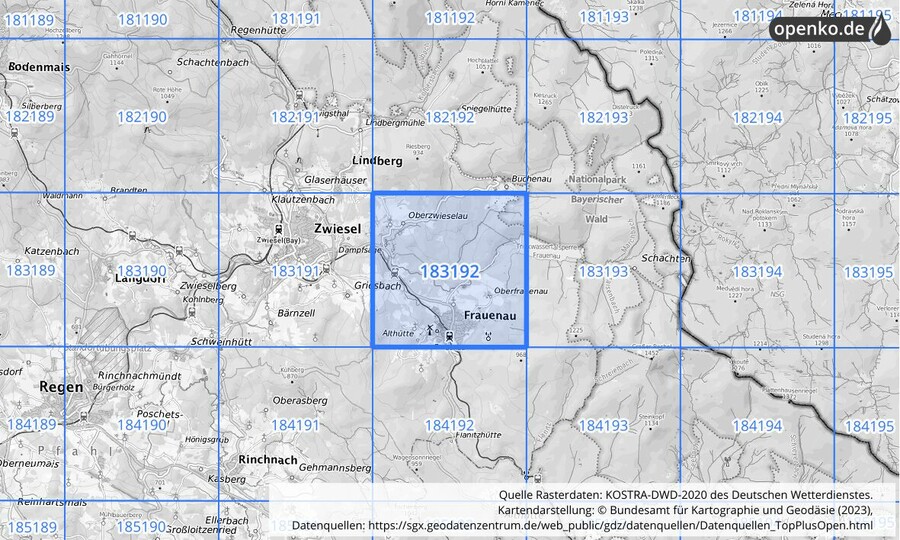 Übersichtskarte des KOSTRA-DWD-2020-Rasterfeldes Nr. 183192