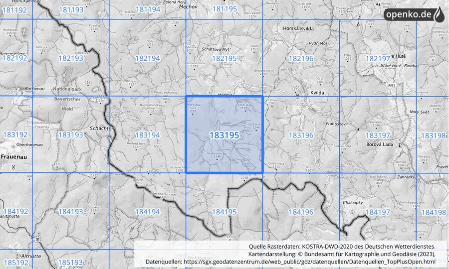 Übersichtskarte des KOSTRA-DWD-2020-Rasterfeldes Nr. 183195