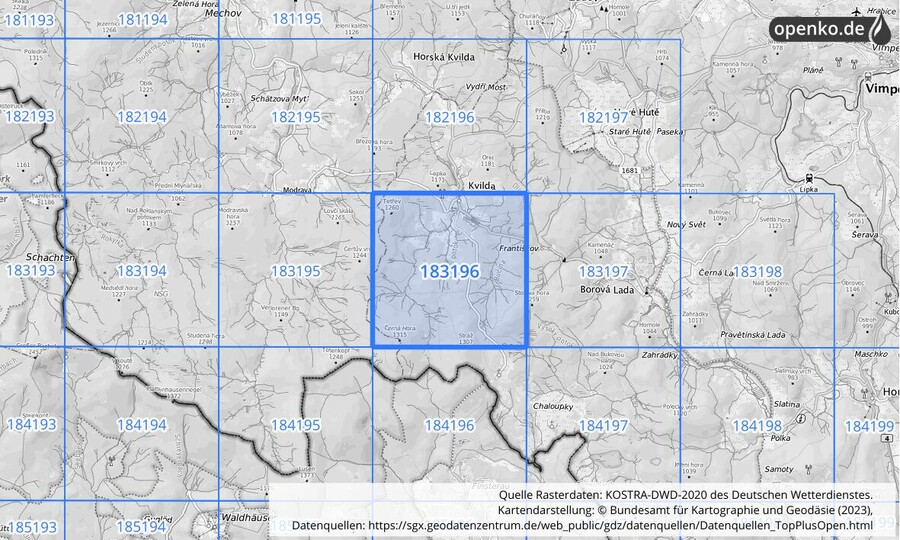 Übersichtskarte des KOSTRA-DWD-2020-Rasterfeldes Nr. 183196