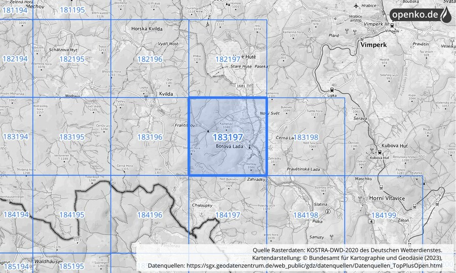 Übersichtskarte des KOSTRA-DWD-2020-Rasterfeldes Nr. 183197