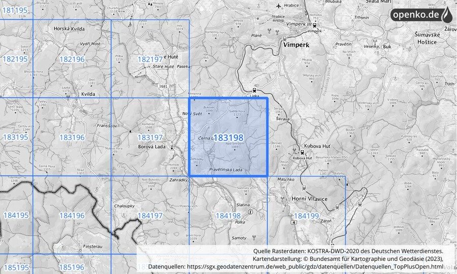 Übersichtskarte des KOSTRA-DWD-2020-Rasterfeldes Nr. 183198
