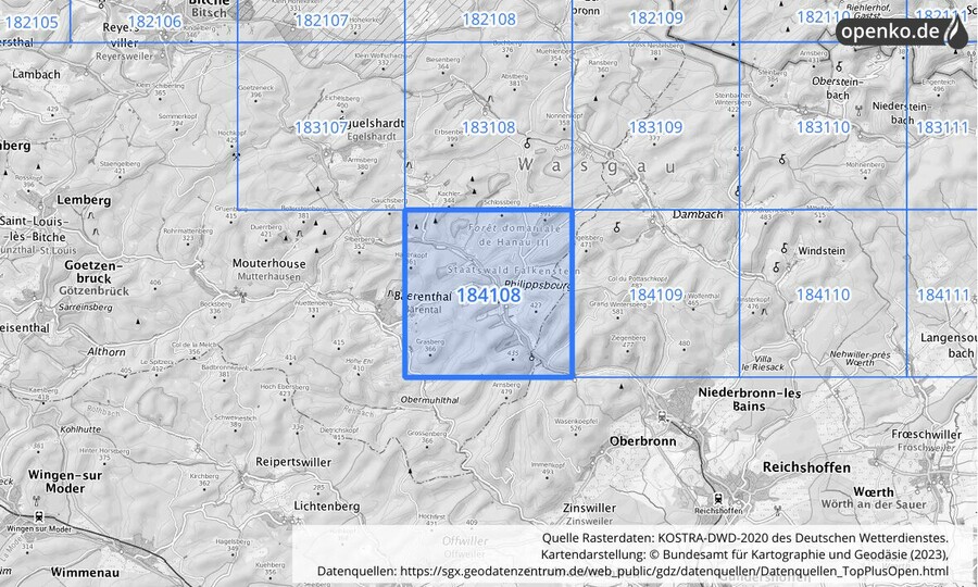 Übersichtskarte des KOSTRA-DWD-2020-Rasterfeldes Nr. 184108