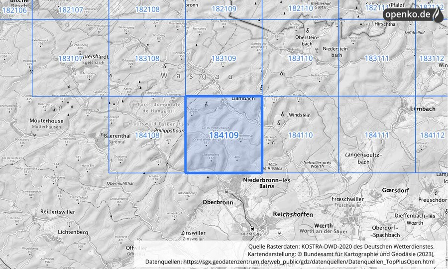 Übersichtskarte des KOSTRA-DWD-2020-Rasterfeldes Nr. 184109