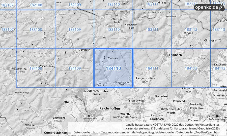 Übersichtskarte des KOSTRA-DWD-2020-Rasterfeldes Nr. 184110