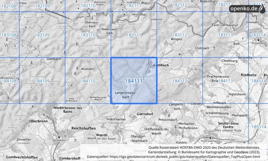 Übersichtskarte des KOSTRA-DWD-2020-Rasterfeldes Nr. 184111