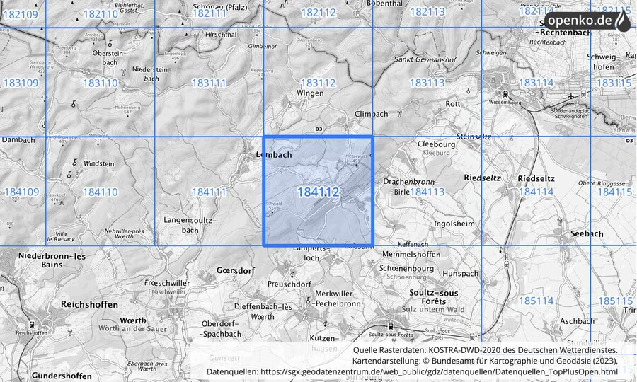 Übersichtskarte des KOSTRA-DWD-2020-Rasterfeldes Nr. 184112