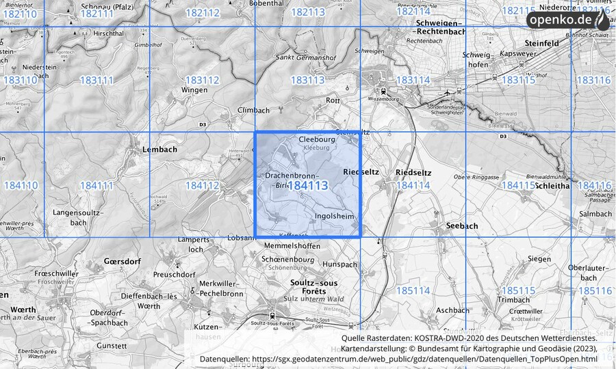 Übersichtskarte des KOSTRA-DWD-2020-Rasterfeldes Nr. 184113