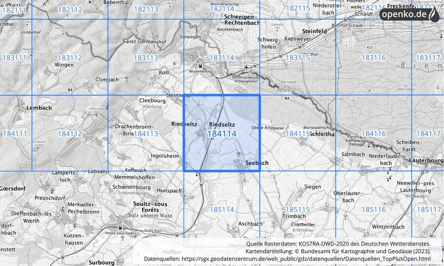 Übersichtskarte des KOSTRA-DWD-2020-Rasterfeldes Nr. 184114