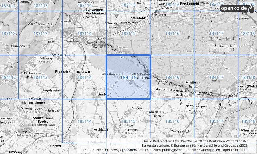 Übersichtskarte des KOSTRA-DWD-2020-Rasterfeldes Nr. 184115