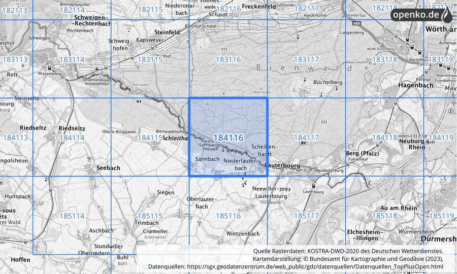 Übersichtskarte des KOSTRA-DWD-2020-Rasterfeldes Nr. 184116