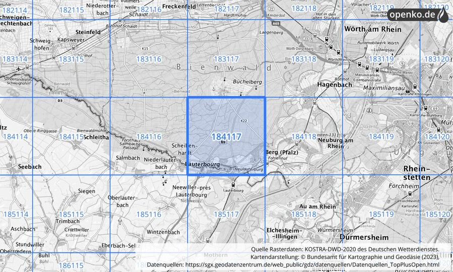 Übersichtskarte des KOSTRA-DWD-2020-Rasterfeldes Nr. 184117