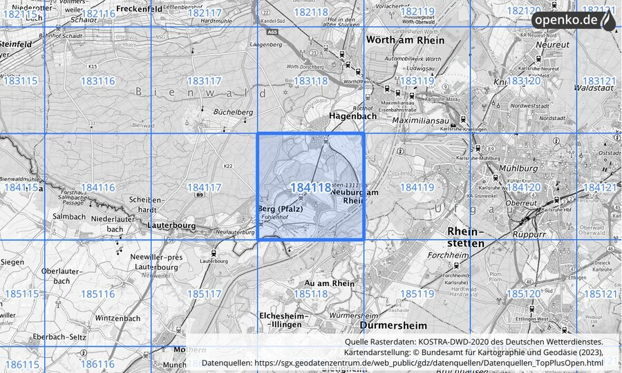 Übersichtskarte des KOSTRA-DWD-2020-Rasterfeldes Nr. 184118