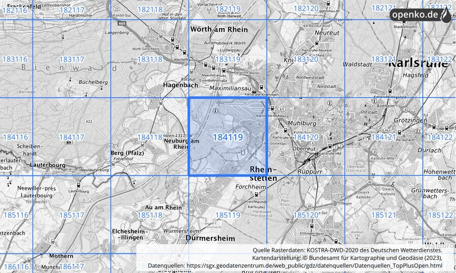 Übersichtskarte des KOSTRA-DWD-2020-Rasterfeldes Nr. 184119