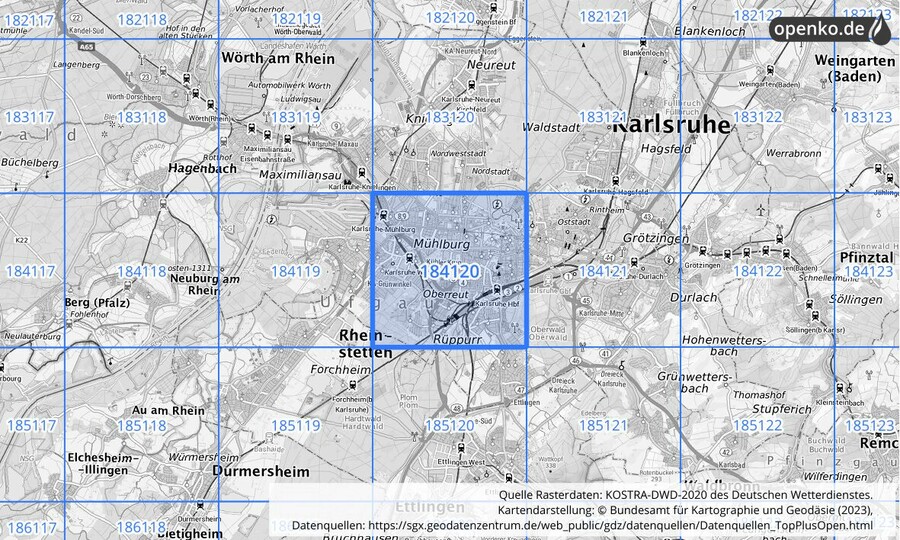 Übersichtskarte des KOSTRA-DWD-2020-Rasterfeldes Nr. 184120