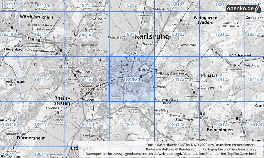 Übersichtskarte des KOSTRA-DWD-2020-Rasterfeldes Nr. 184121