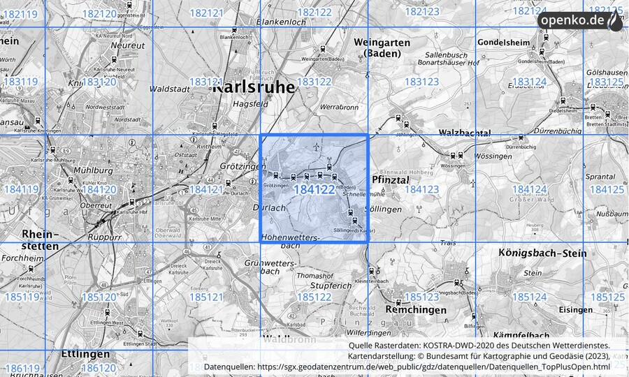 Übersichtskarte des KOSTRA-DWD-2020-Rasterfeldes Nr. 184122